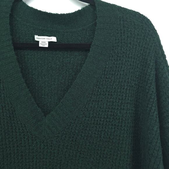 American Eagle VNeck Oversized Chunky Waffle Knit Tunic Hunter Green Split Hem M - Picture 5 of 12